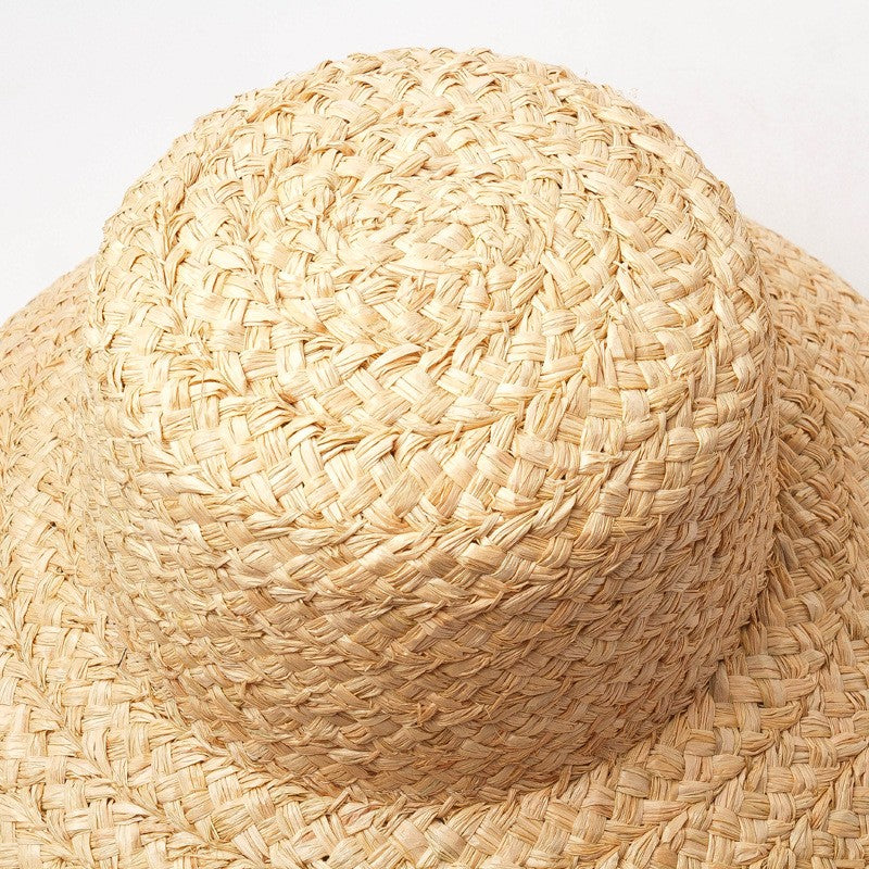 Chapéus de Verão Femininos Retrô Aba Reta Caída Chapéu de Palha de Ráfia Feito à Mão Chapéu de Palha de Praia de Proteção Solar Feminino para Ambientes Externos