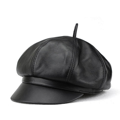 Autumn Winter Women's Genuine Sheep Leather Octagonal Beret | Leopard Print Trendy Painter Hat Celebrity Style Versatile Cap