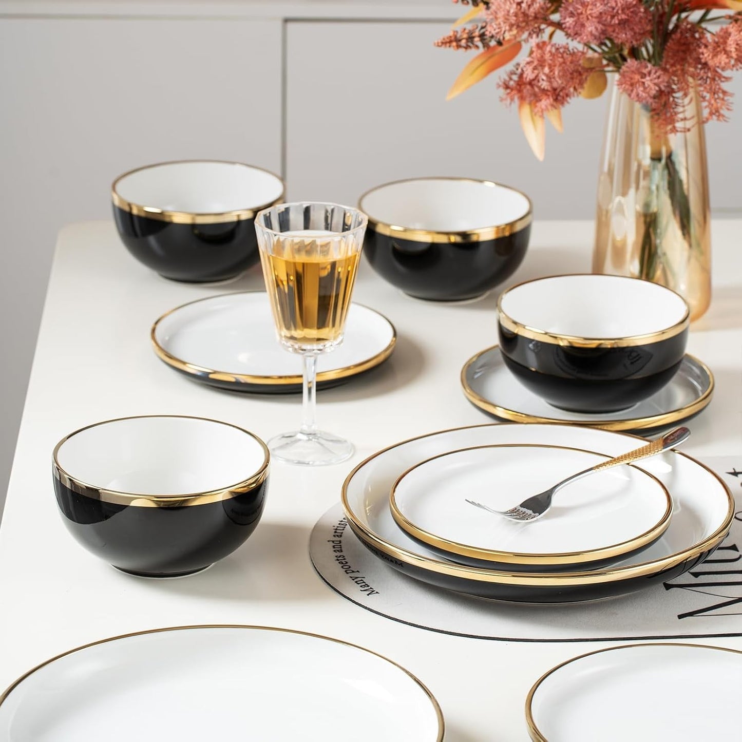 Black Ceramic Dinnerware Sets for 4, 16-Piece Contrast Plates and Bowls Set with Gold Rim, Crack Resistant | Dishwasher & Freeze