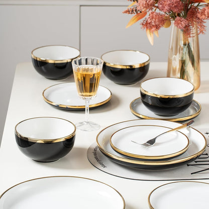 Black Ceramic Dinnerware Sets for 4, 16-Piece Contrast Plates and Bowls Set with Gold Rim, Crack Resistant | Dishwasher & Freeze