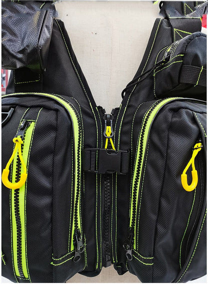 Colete salva-vidas multifuncional para pesca ao ar livre, essencial para a segurança. Vários bolsos para armazenamento, materiais flutuantes