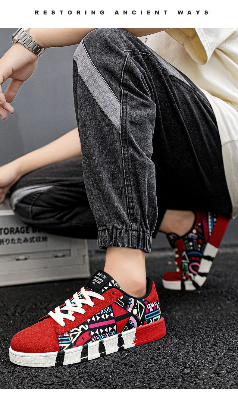YRZL Men's Sports Running Shoes Canvas Geometric Style Lace-Up Sneakers Couples' Fashionable Graffiti Print Skate Shoes Men