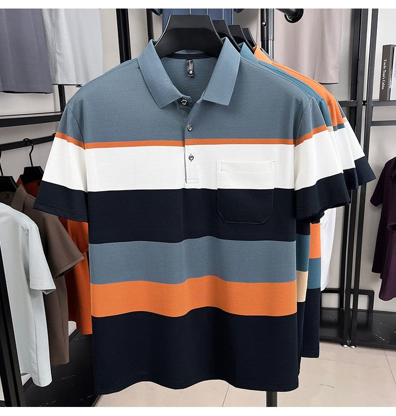 High-quality short sleeve polo shirt men fashion color striped pocket design summer new breathable trendy casual lapel T-shirt