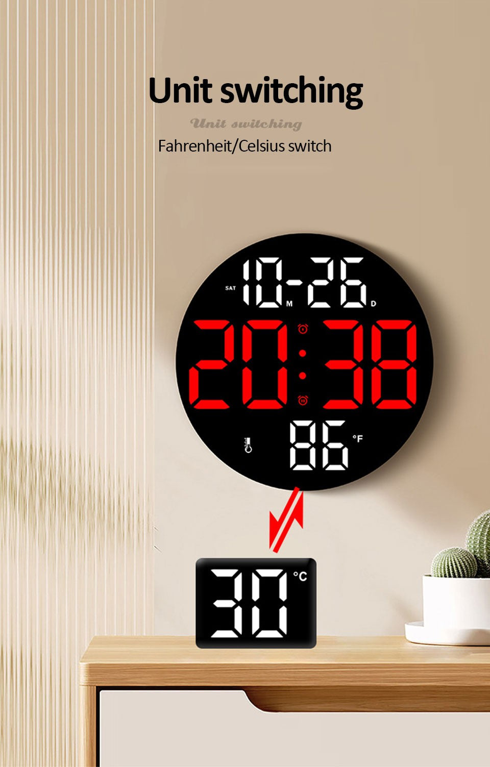 10inch LED Large Digital Wall Clock with Dual Alarms Calendar and Temperature Display Brightness Adjustable Countdown Home Clock