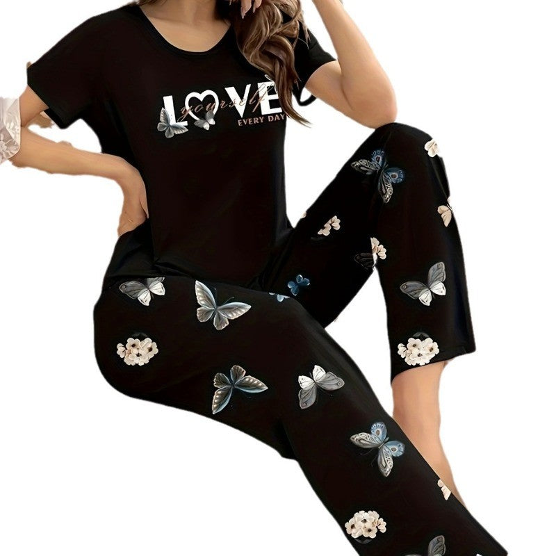 Stylish Simple Women's Summer Breathable Comfort Pajamas Women's Digital Alphabet Butterfly Print Short Sleeve Set  Sleepwear