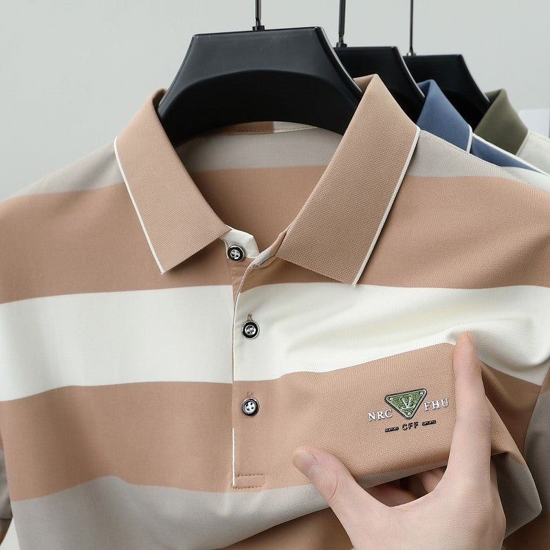 luxury wide stripe color blocked short sleeve polo shirt high-end brand letter embossed T-shirt fashion breathable men's wear