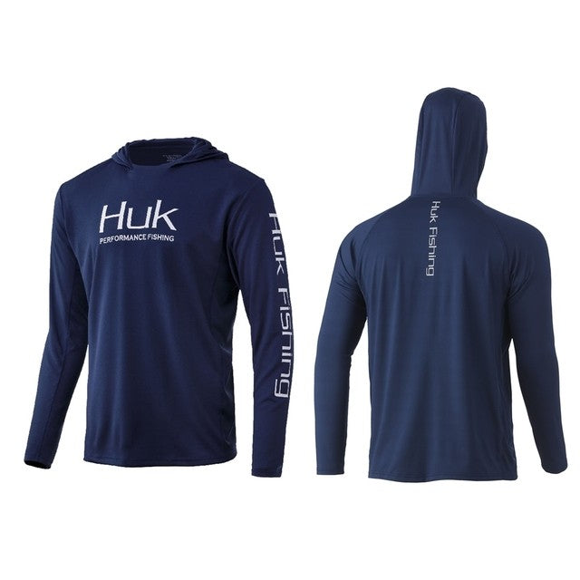Camisas de Pesca HUK com Capuz Manga Longa Proteção UV Masculina Roupa de Pesca Camuflada de Verão para Homens com Absorção de Umidade