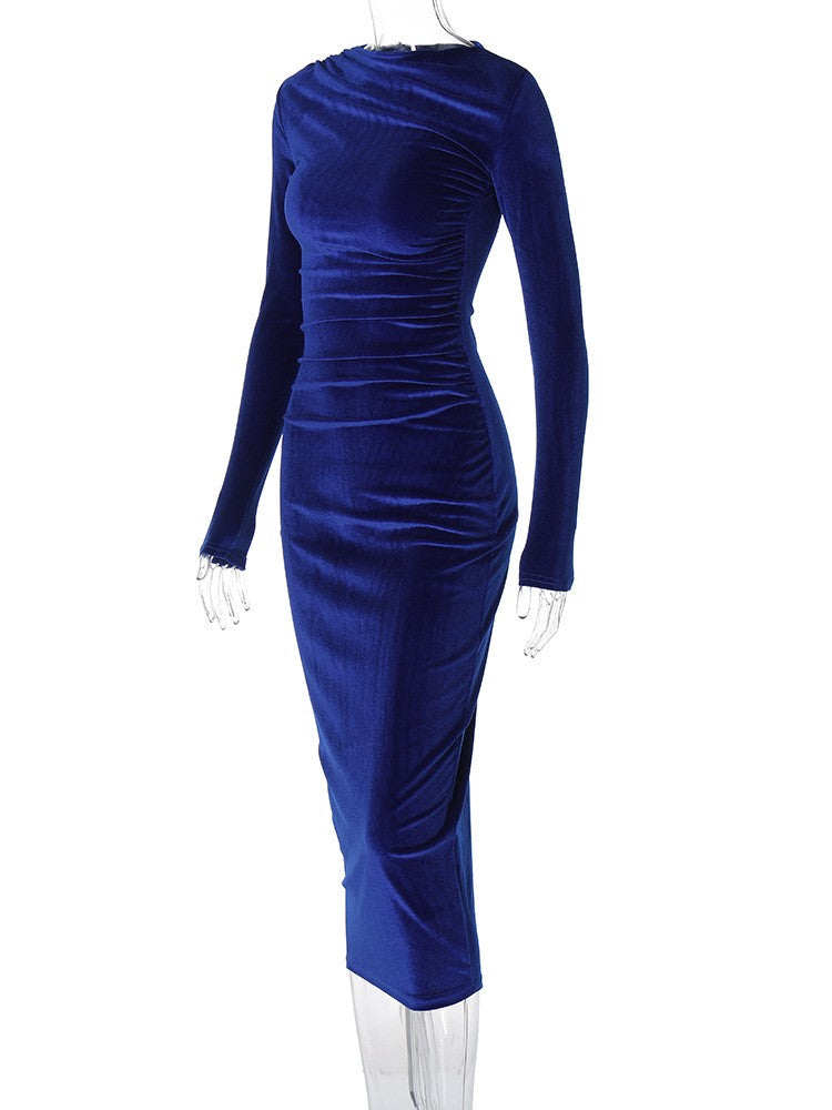 Dulzura 2024 Spring Summer Velvet Long Sleeve Midi Dress For Women Ruched Long D