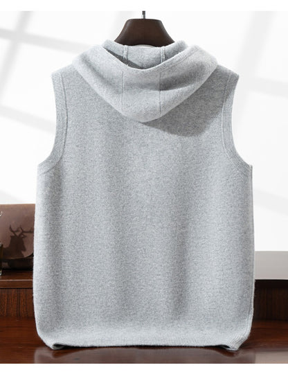 Autumn Winter Thickened Warm 100% Pure Wool Vest Men's Vest with Hood Zipper Cardigan Casual Pocket Sweater Jacket