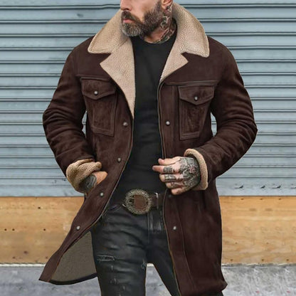 Autumn Winter Men Jacket Lapel Single-Breasted Mid-Length Coat Windproof Jacket Suede Multi Pockets Outerwear Men Clothing