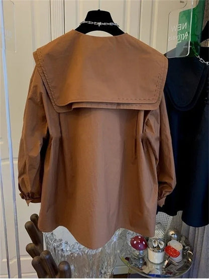 Retro Women Loose Fashion Top Lady Lantern Sleeve Shirt Jacket Spring Autumn Female Doll Collar Cardigan Blouse Coat