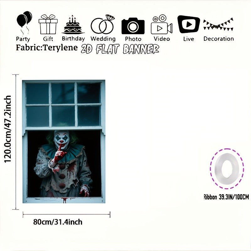2D flat banner 1pc Halloween party banner - Horror Carnival Clown and Blood Design, Polyester Hanging Decoration