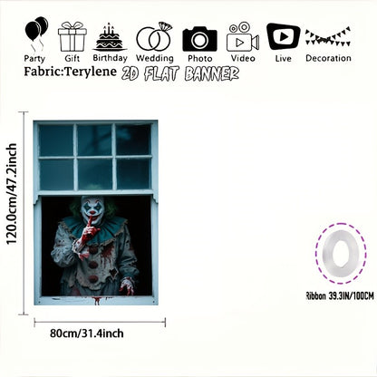 2D flat banner 1pc Halloween party banner - Horror Carnival Clown and Blood Design, Polyester Hanging Decoration