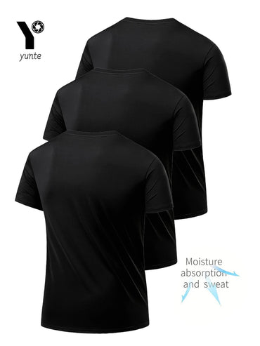 Round Neck T-Shirt 3-Piece Black Ultra-Light Men's Quick-Drying Breathable Sweat-Absorbent Shirt Suitable for Fitness Gym and Ru