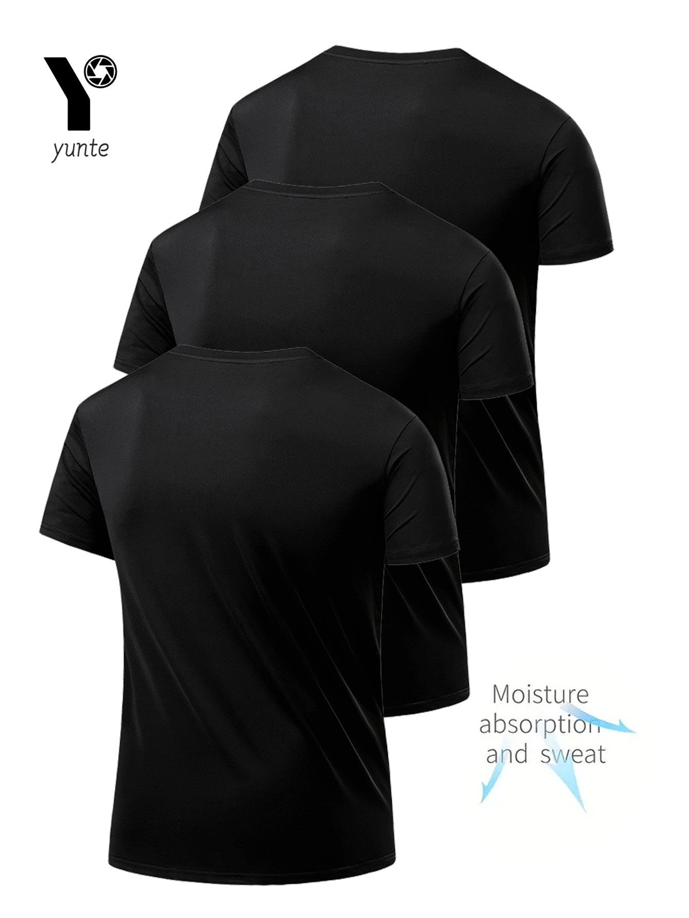 Round Neck T-Shirt 3-Piece Black Ultra-Light Men's Quick-Drying Breathable Sweat-Absorbent Shirt Suitable for Fitness Gym and Ru
