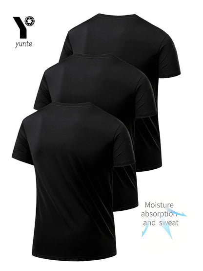Round Neck T-Shirt 3-Piece Black Ultra-Light Men's Quick-Drying Breathable Sweat-Absorbent Shirt Suitable for Fitness Gym and Ru