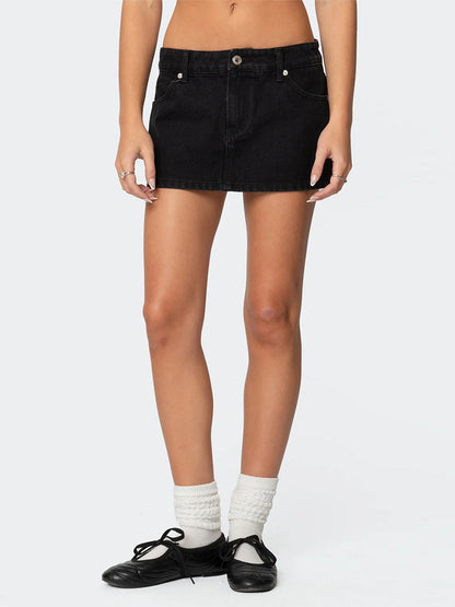 Womens Denim Mini Skirt Y2k Vintage Low Rise Jean Skirt Sexy Going Out A-Line Pencil Bodycon Short Skirt with Pockets
