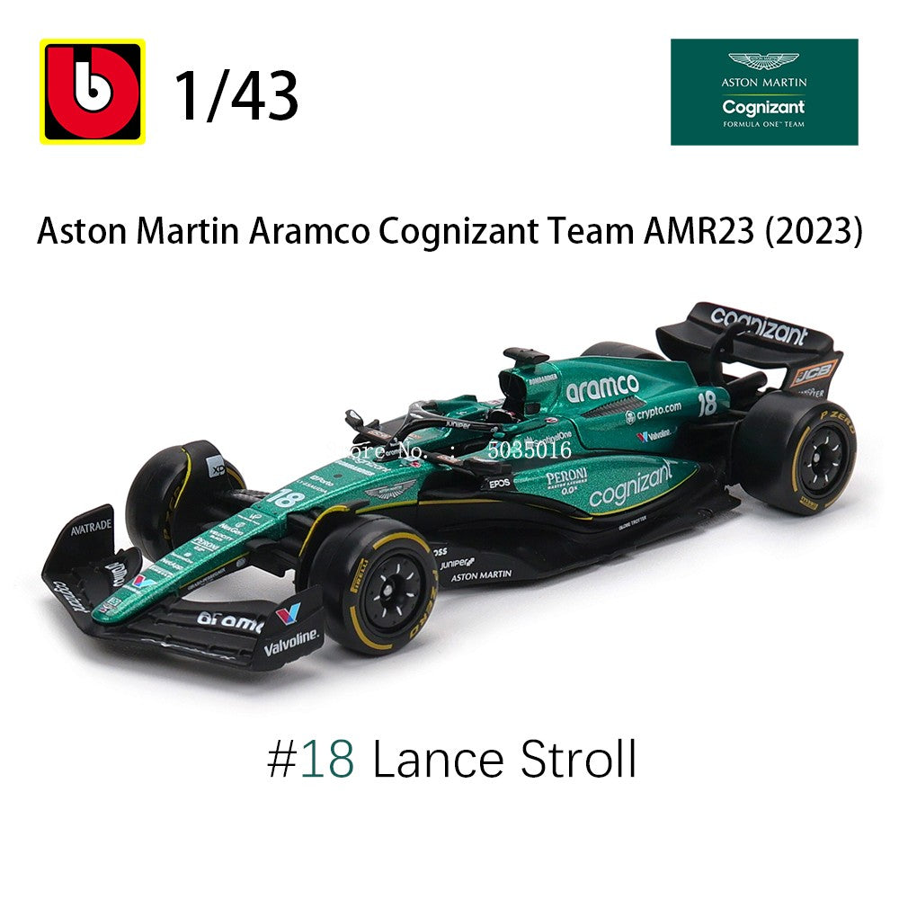 Bburago 1:43 F1 Aston Martin Aramco F1 Team AMR23 2023 #14 Alonso #18 Stroll Carro de Liga Metálica Modelo Fundido Colecionável
