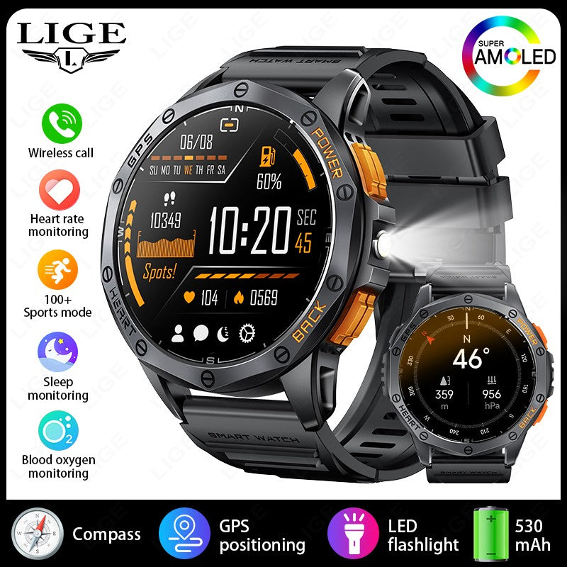 Smartwatch LIGE Novo para Esportes ao Ar Livre com GPS, Bússola, Tela AMOLED de 1.43", Bateria de 530mAh, Monitor Cardíaco, Chamadas Bluetooth e À Prova D'Água
