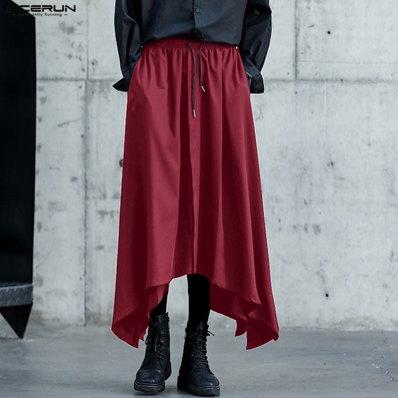 INCERUN Men Irregular Pants Solid Color Drawstring Loose Casual Wide Leg Trousers Men Streetwear 2025 Fashion Male Skirts Pants