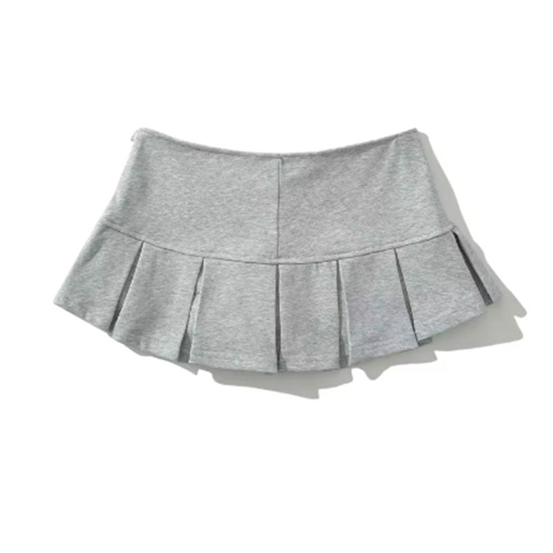 Mooyufon Fabric Y2K Mini Skirt Women Low Waist Wide Pleat Light Grey Sexy Vintag