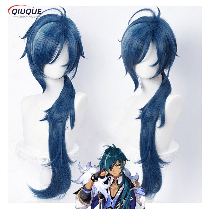High Quality Game Impact Kaeya Cosplay Wig 80cm Long Ink Blue Heat Resistant Synthetic Hair Anime Cosplay Wigs + Wig Cap