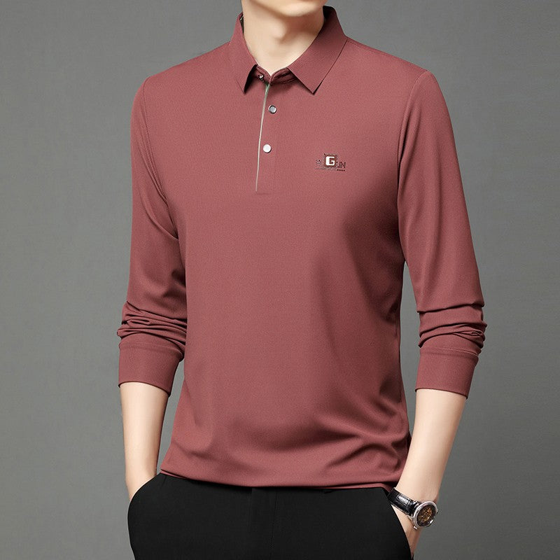 New Men's Business Casual Long Sleeved Shirt with Badge Solid Color Polo Shirt Fashionable Breathable Comfortable Versatile Top