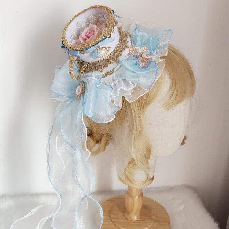 Lolita Girls Top Hat Rose With Long Ribbon ,Tea Cup Palace Spanish Fedoras