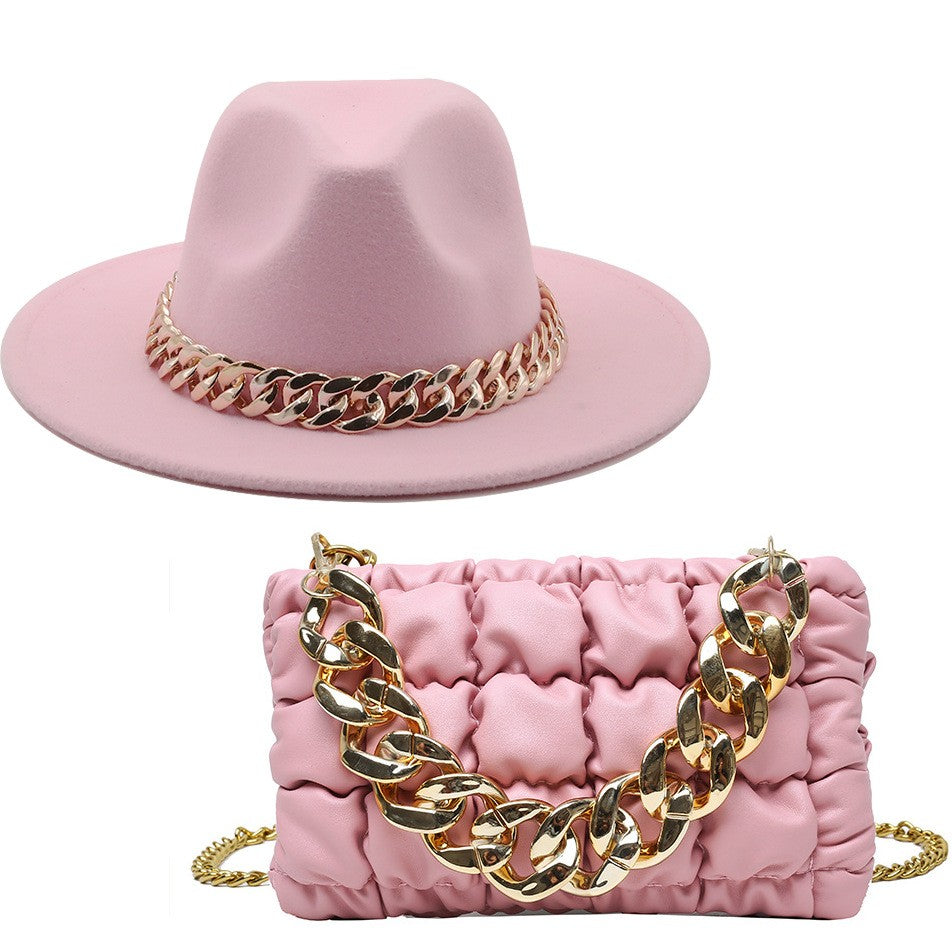 Set Straw Hat and Bag Set Gold Chain Bag Hat Set Ladies Leather Bag Tote Church Fedora Party Jazz Straw Hat