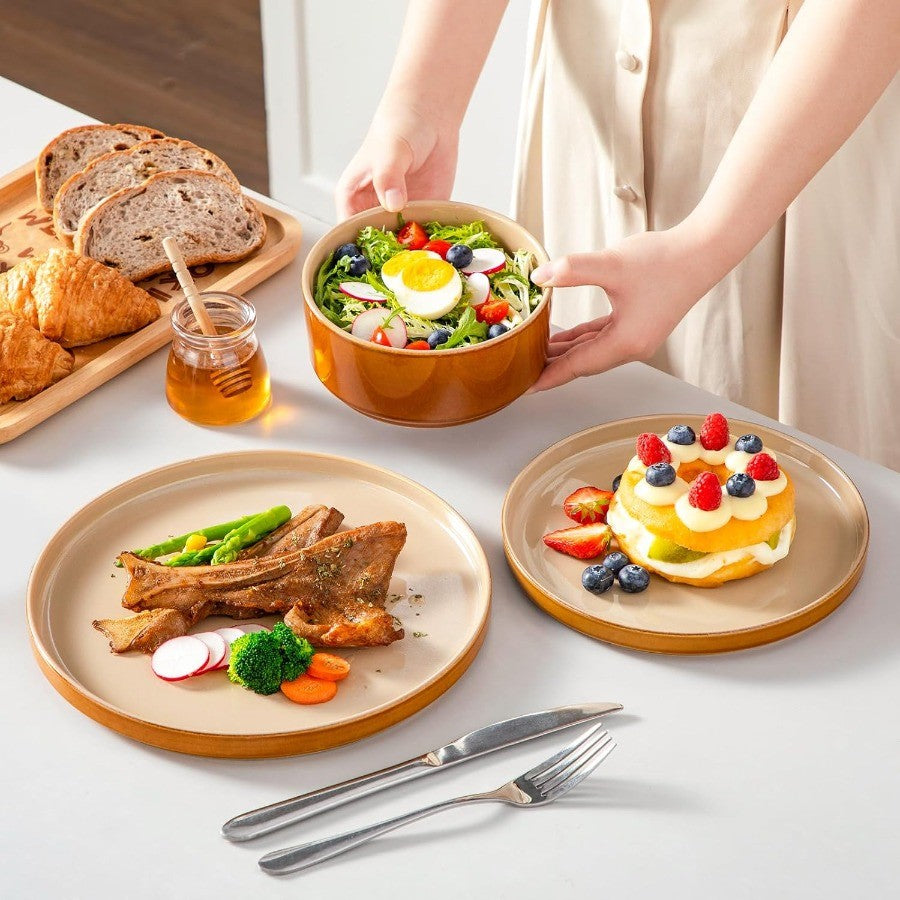 Ceramic Plates and Bowls Sets 12 Pieces Brown Dinnerware Sets for Kitchen Reactive Glaze Dishes Set for 4 Dishwasher and Microw