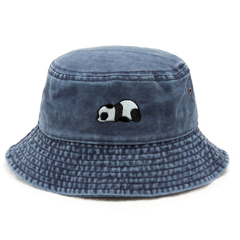 Panda Embroidery Washed Cotton Bucket Hat for Men Women Vintage Wide Brim Sun Protection Adjustable Outdoor Fishing Beach Cap