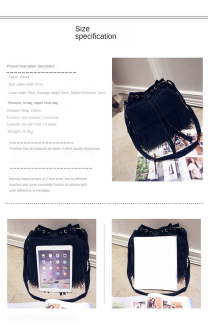 Fashion Retro Faux Suede Fringe Women Messenger Bags Tote New Handbag Tassel Shoulder Handbags Crossbody Bag Tassel Bucket