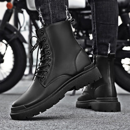Black Men's Casual Leather Boots Fashion Winter Men Work Boot Mens Shoes Non-slip Designer High Top Ankle Boots Motorcycle Shoes