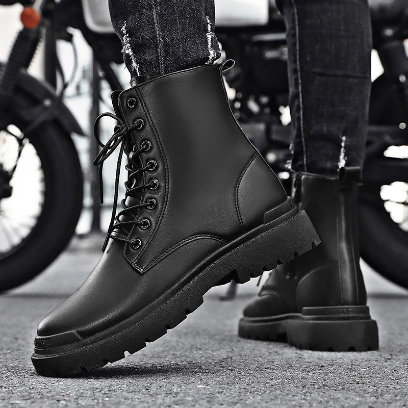 Black Men's Casual Leather Boots Fashion Winter Men Work Boot Mens Shoes Non-slip Designer High Top Ankle Boots Motorcycle Shoes