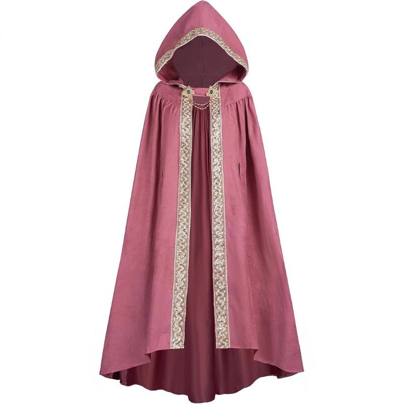 Medieval Lace Trim Hooded Cape 130cm Long Renaissance Wizard Witch Cloak Women Men Halloween Cosplay Costume