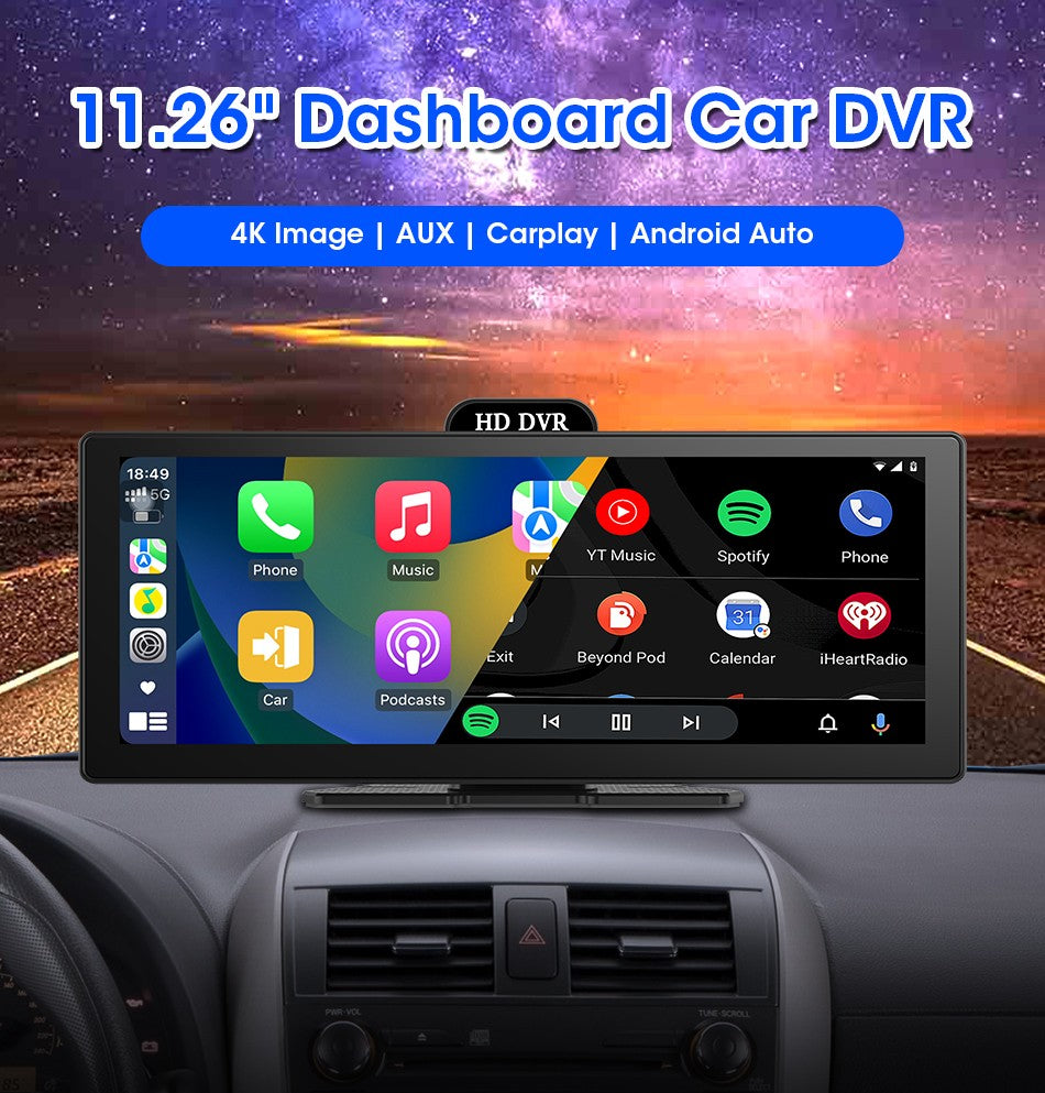 Gravador de Vídeo DVR 4K de 10/11,26 Polegadas com CarPlay e Android Auto Sem Fio, Câmera Veicular, Áudio Bluetooth, Navegação GPS e Duas Lentes para Painel