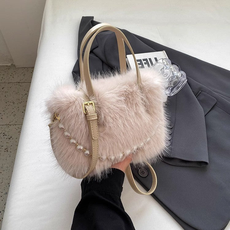 Winter Fashion Faux Fur Crossbody Bags for Women's Gift, Pearl Chain Decor Shoulder Bag, Ladies Handbags Top-handel Bag