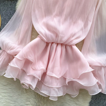 SINGREINY 3D Floral Beach Short Dress Female Long Sleeves Lace Up Ruffle Chiffon