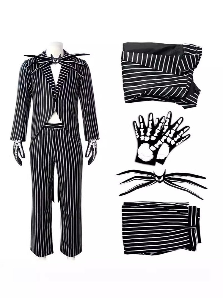 Anime Jack Skelington Black White Striped Cosplay Costume Men Retro Tailcoat Woman Dress Christmas Night Halloween Party Outfit