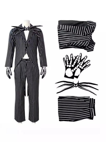 Anime Jack Skelington Black White Striped Cosplay Costume Men Retro Tailcoat Woman Dress Christmas Night Halloween Party Outfit