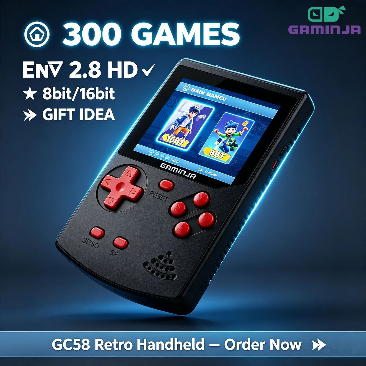 GAMINJA Handheld Game Console 300 Classic 8bit/16bit Games 2.8" HD Screen Retro Video Mini Game Console Gift for Nostalgia