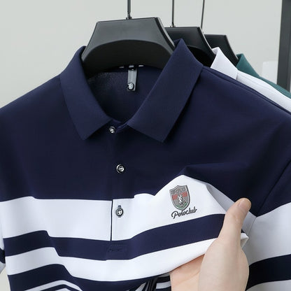 High end brand embossed men short sleeve polo shirt fashion stripe color blocked summer ice silk breathable luxury Paul T-shirt