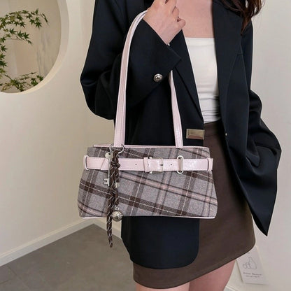 New Handbag Boho Shoulder Bag Bell Pendant Lightweight Tote Bag Plaid Women's Bag Women