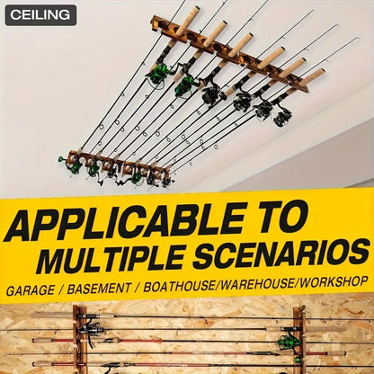 1 par de suportes para varas de pesca para até 6 varas. Suportes para varas de pesca montados na parede ou no teto para armazenamento na garagem.