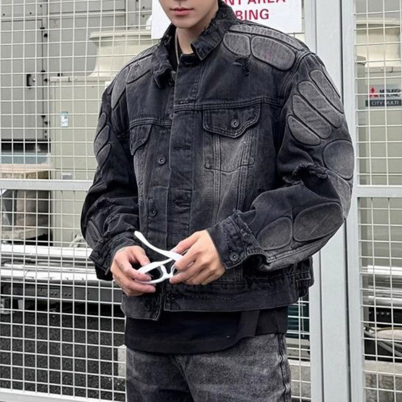 American Loose Hole Denim Jacket Men's Spring Broad Shoulder Rugged Handsome Coat Armor Design Motorcycle Jean Jacket Streetwear