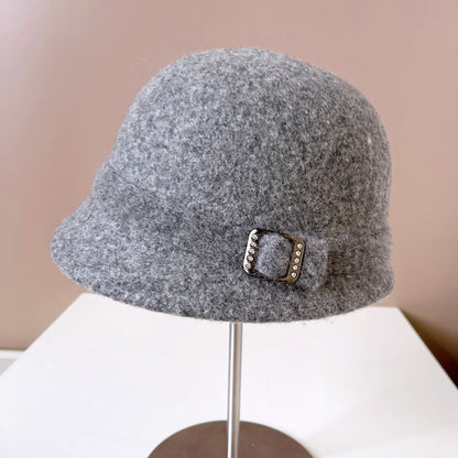 Chapéu de Lã Japonês Feminino Outono Inverno Quente de Tricô Fivela de Diamante Fita Chapéu de Pescador Chapéu de Bacia Pequena Frente e Verso