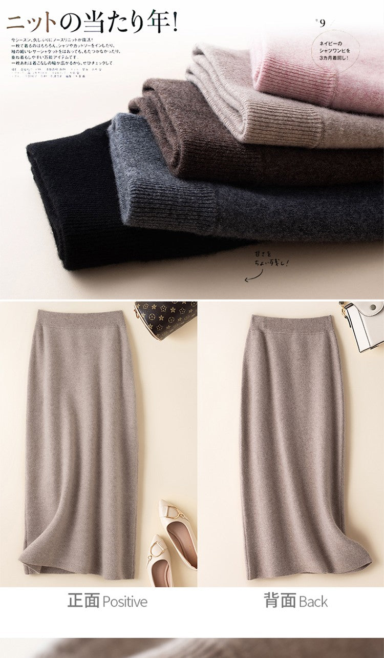 100% pure wool skirt new women's autumn and winter mid-length high-waisted thin cashmere skirt knitted all-match hip skirt