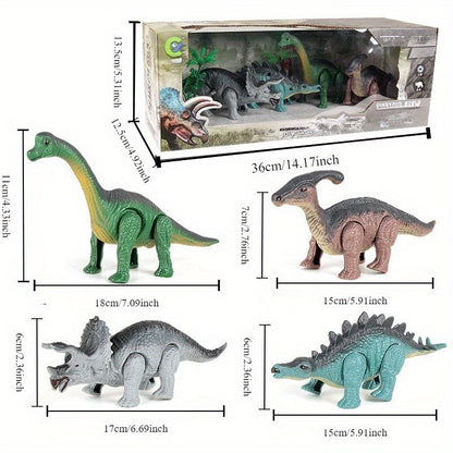 Um conjunto de presente de brinquedos de dinossauro, brinquedo de animal mecânico que anda automaticamente quando ativado. Presente de aniversário para crianças.