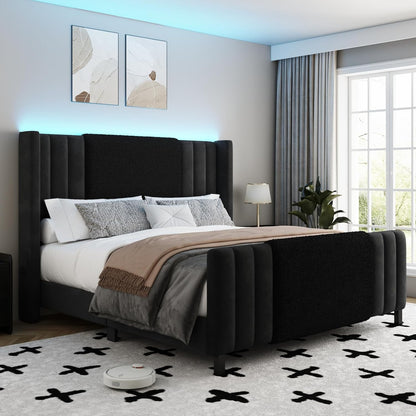 Queen Size Bed Frame with Tall Headboard and Footboard, Boucle and Velvet Upholstered Bed Frame Queen with LED Lights, M