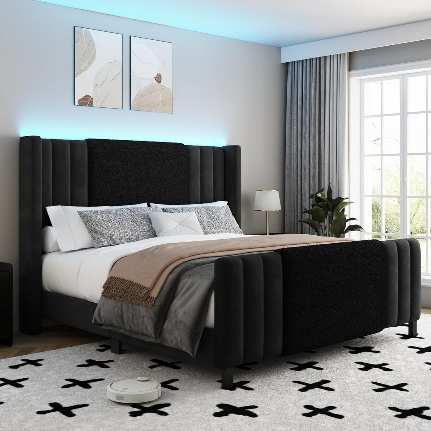 Queen Size Bed Frame with Tall Headboard and Footboard, Boucle and Velvet Upholstered Bed Frame Queen with LED Lights, M